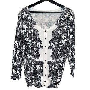 H&M Cardigan Sweater Womens L Black White Floral Print Lightweight Cotton‎ Modal